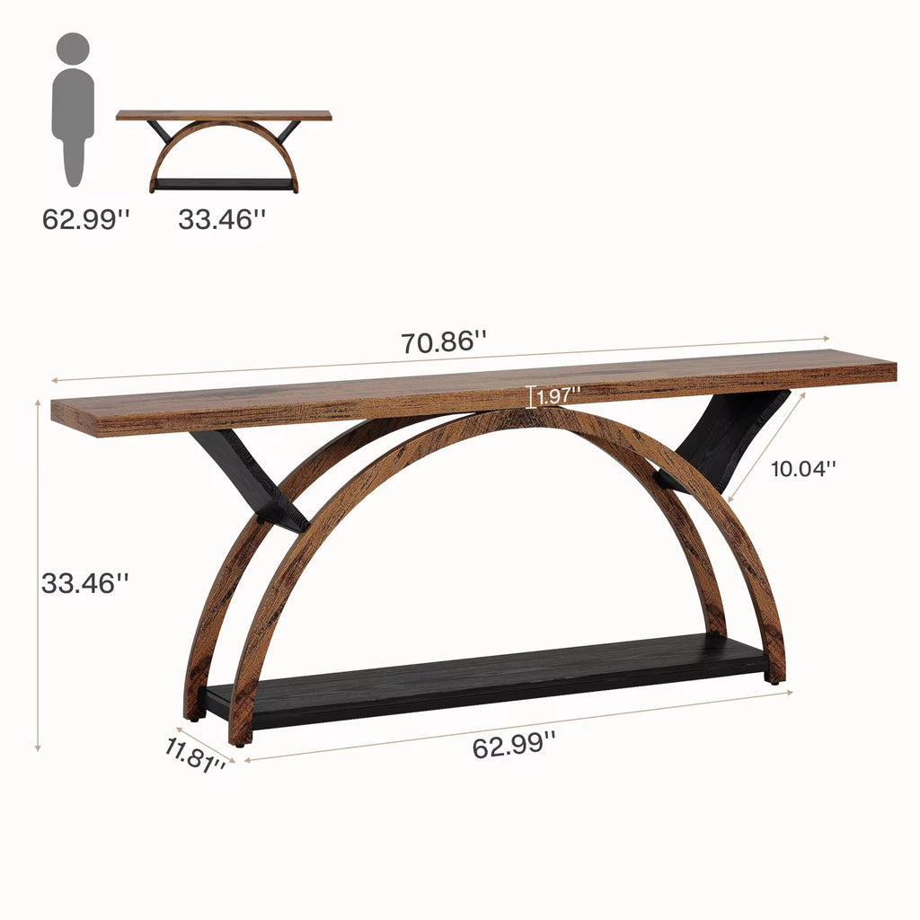Table console, derrière le canapé avec 2 niveaux d’étagères de rangement pour le salon