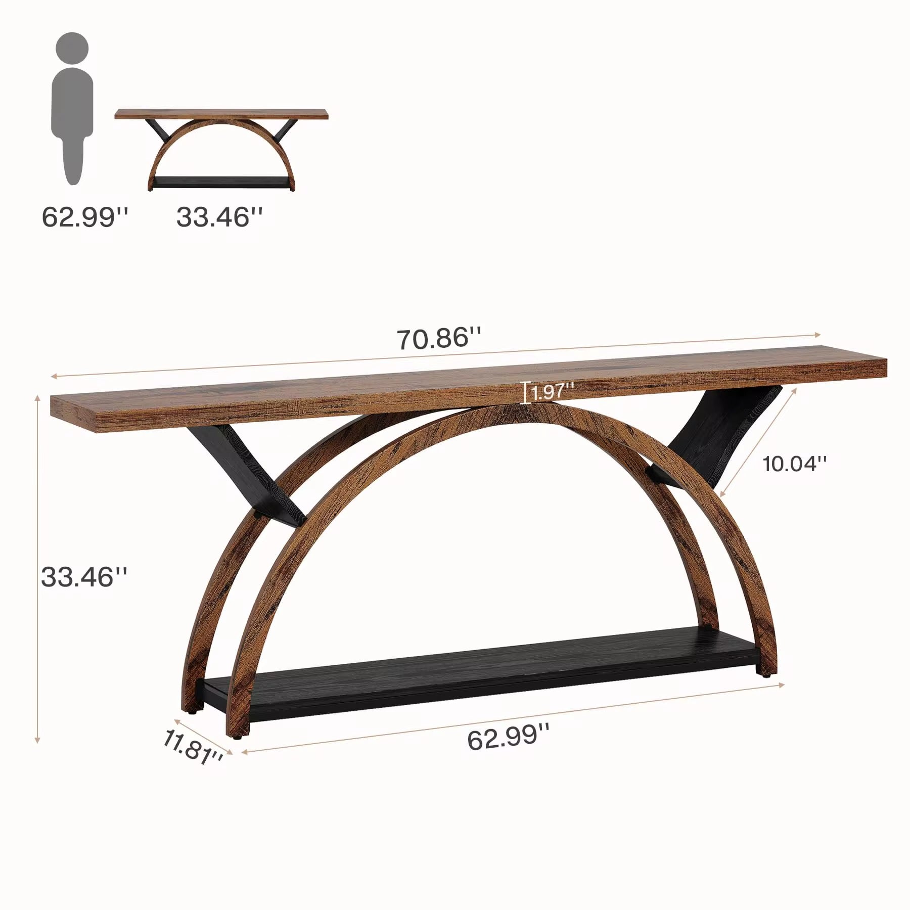 Table console, derrière le canapé avec 2 niveaux d’étagères de rangement pour le salon