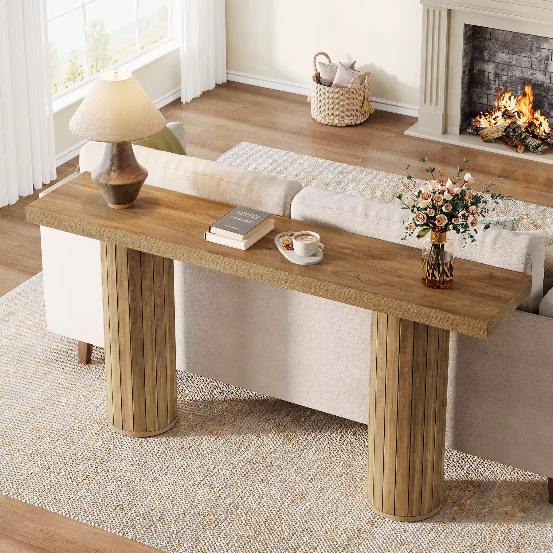 Table console extra longue de ferme de 63 pouces, table de canapé rectangulaire en bois derrière le canapé