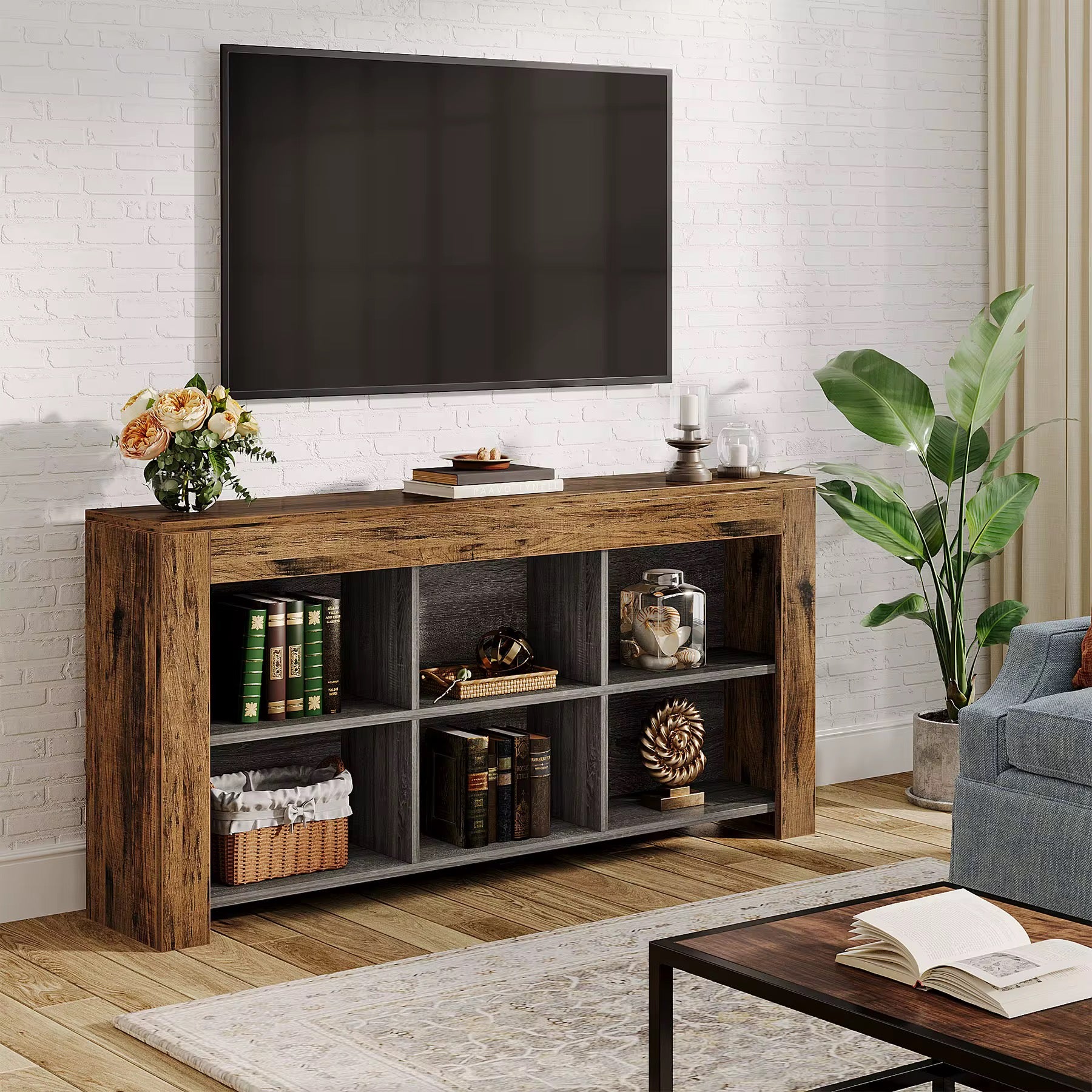 Table console avec rangement, table de canapé longue et étroite de 63 pouces, table d’entrée avec 6 cubes, étagères de rangement ferme