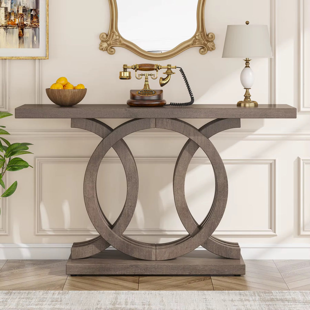 Mobilier d’entrée moderne antique rustique marron rétro bois ferme entrée couloir table console 140 cm avec base géométrique