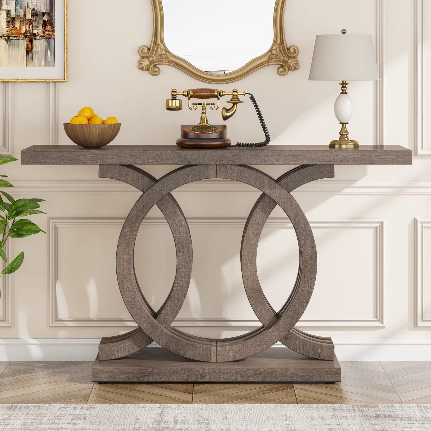 Mobilier d’entrée moderne antique rustique marron rétro bois ferme entrée couloir table console 140 cm avec base géométrique