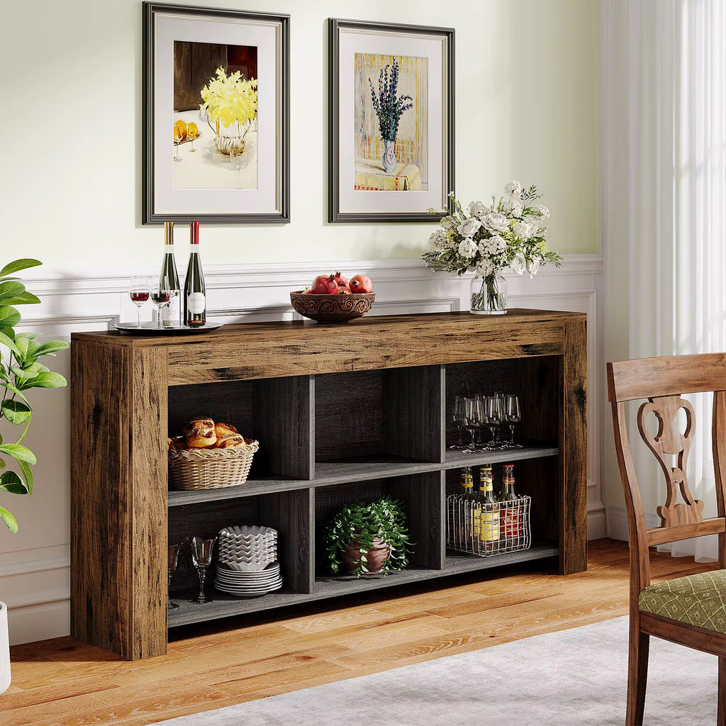 Table console avec rangement, table de canapé longue et étroite de 63 pouces, table d’entrée avec 6 cubes, étagères de rangement ferme